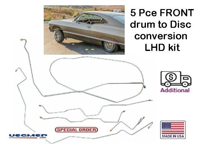 Brake Line Kit: 1967-68 Chev Impala V8  LHD  Disc Brake Front Conversion Line Kit 5pc, OE Steel