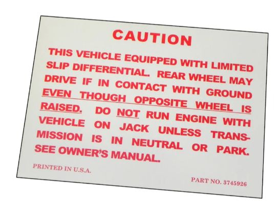 Decal: Diff LIMITED SLIP Notice inside boot lid - 1959-71 era