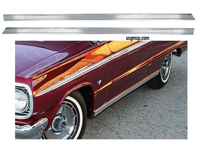 Rocker Panel Molding Set: 63-64 Chev 2 & 4 door models Pair set w/ clips USA MADE