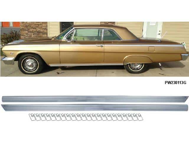Rocker Panel Molding Set: 62 Chev 2 door / Conv  PR with clips