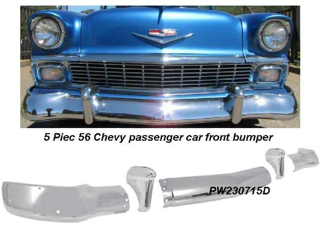 56 Chev Bumper: FRONT 5 piece (w/Over Riders)