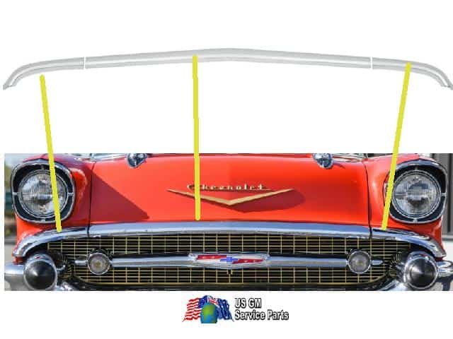 57 Chev Full Size - 3 pce Front Hood bar w/ hardware - USA Made
