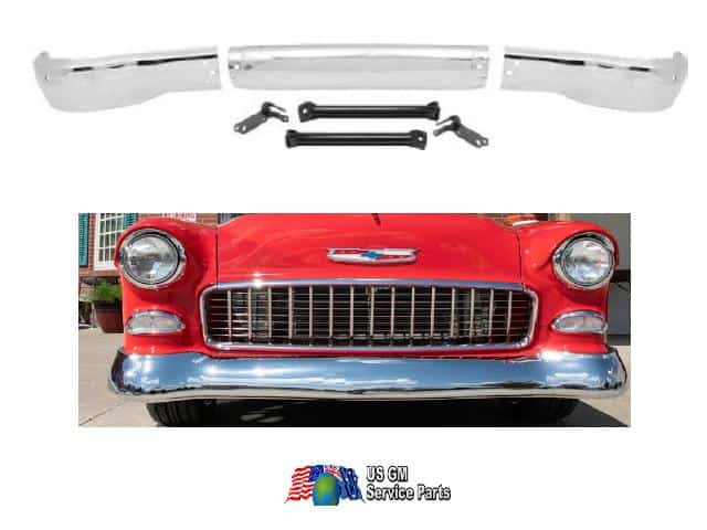 55 Chevrolet Bumper: Front - 3 Piece - With Brackets
