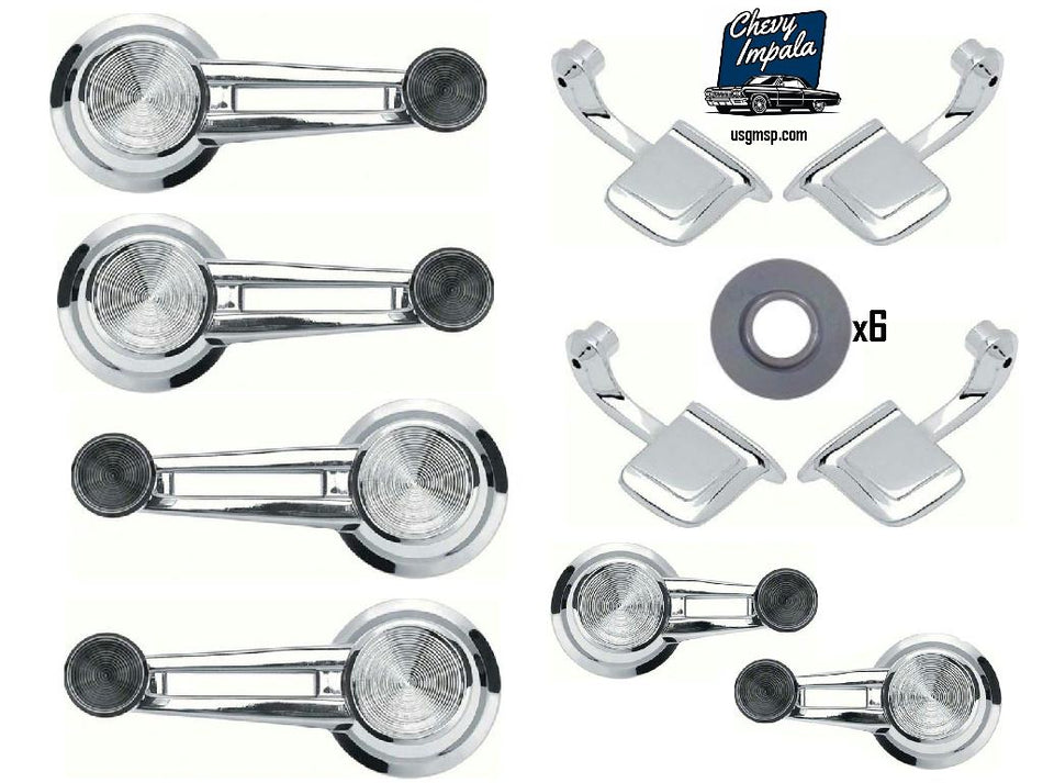 61-64 Chev Impala Door Handle & Window Winder Kit Interior BLACK KNOB's - 4 door