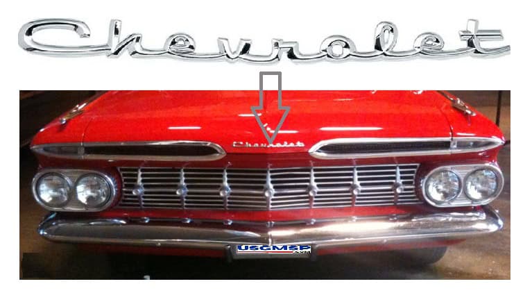 59 Chev Hood "CHEVROLET"  Script - Full size Chevy & Chevy El Camino.