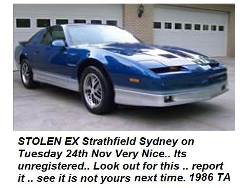 STOLEN: Pontiac Trans AM 86 Sydney Tuesday 24th