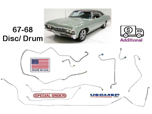 Brake Line Kit: 1967-68 Chevrolet Impala V8  LHD Power Disc Brake Line Kit 8pc, OE Steel
