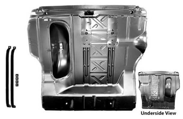 Trunk Floor: 55-57 Chevrolet Pan With Spare Wheel Well & Braces