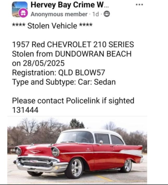 STOLEN: 57 Chev Sedan QLD 28 May. Alert