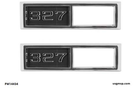 68 Impala Side Marker bezel Name Plate "327" (pr) - FRON