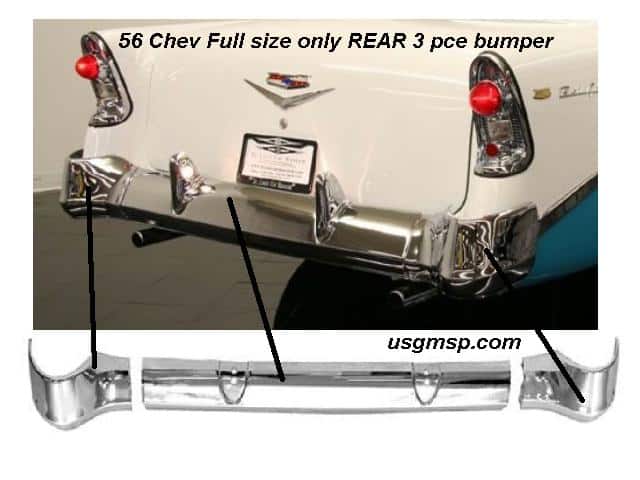 56 Chev Bumper: Rear Chev full size - 3 pce NEW