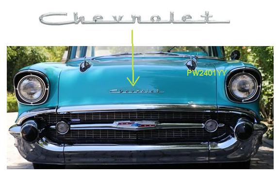 57 Chev FRONT hood emblem "Chevrolet" - SILVER